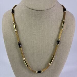 Vintage God Tone Bar Necklace 30" Mesh Chain Statement Fashion w/ Black Stations